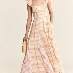 Anthropologie Peach and Pink Plaid Maxi Dress